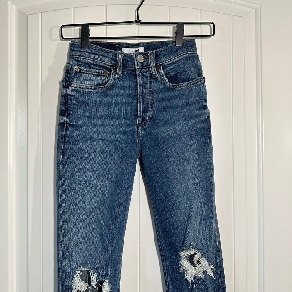 RE/DONE High Rise Ankle Crop Distressed Raw Hem Blue Jeans Size 23 - Picture 2 of 13